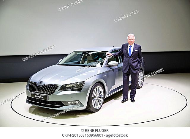 Skoda Auto CEO Winfried Vahland poses next to Skoda Superb ahead of annual press conference in Mlada Boleslav, Czech Republic, on Monday, March 16th, 2015