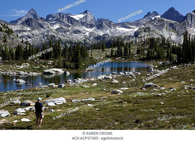 Hiker at Gwillim Lakes, Selkirk Mountains, Valhalla Provincial Park, British Columbia, Canada