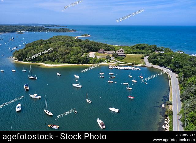 Aerial view of the Quissett Yacht Club and harbor near Woods Hole and Falmouth, Cape Cod