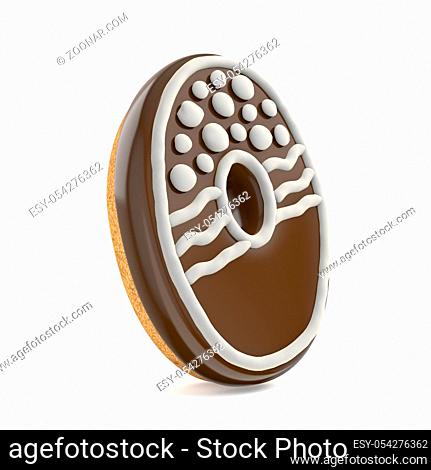 Letter O chocolate Christmas gingerbread font decorated with white lines and points. 3D render illustration isolated on white background