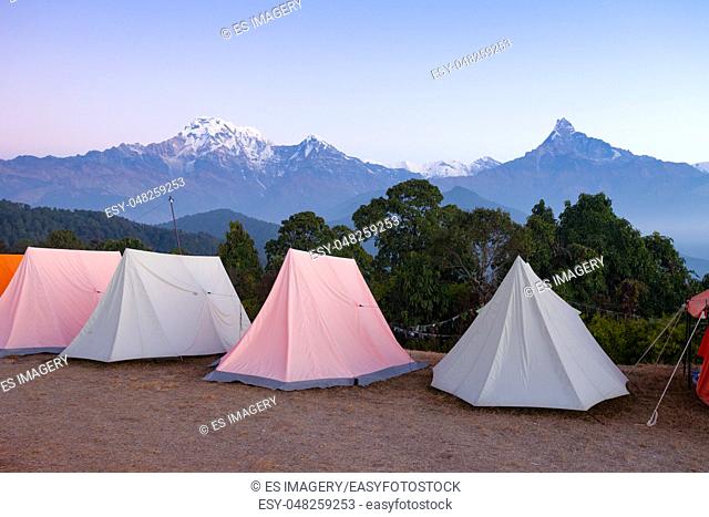 Tents set up for group camping in the Annapurna Region, Nepal