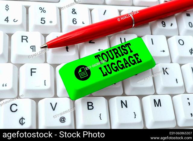 Conceptual caption Tourist Luggage, Concept meaning big bag that contains everything one needs for traveling Abstract Office Typing Jobs