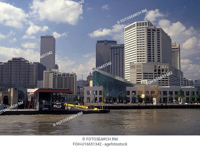 New Orleans, Louisiana, LA, View of the Aquarium of the Americas and downtown New Orleans along the Mississippi River