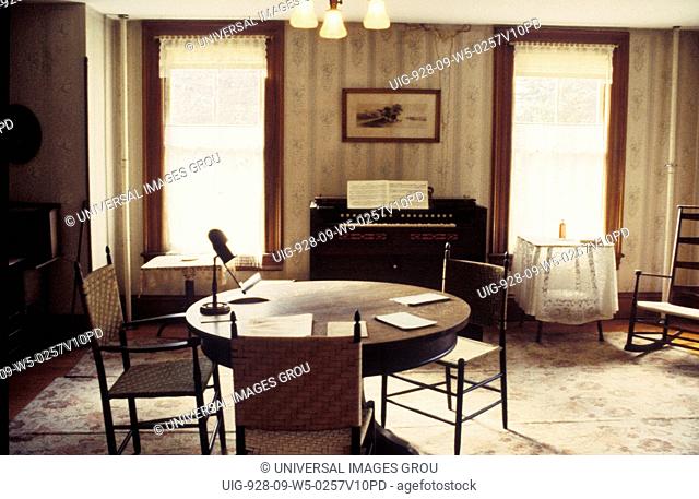 Massachusetts, Pittsfield. Hancock Shaker Village. Interior Of Living Room With Piano