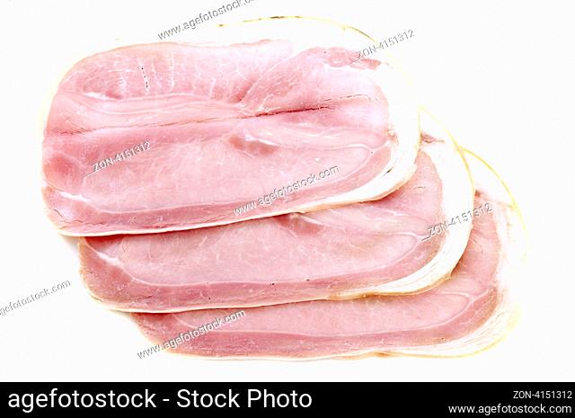slice of ham in front of white background