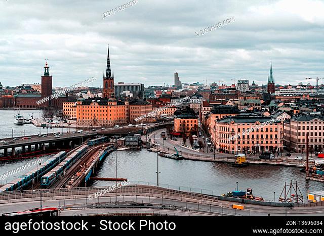 Editorial 03.26.2019 Stockholm Sweden View of bridges to Riddarholmen and City centre from Slussen traffic on the streets