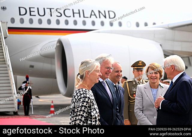 20 September 2023, Italy, Catania: German President Frank-Walter Steinmeier and his wife Elke Büdenbender are received at Catania-Fontanarossa Vincenzo Bellini...