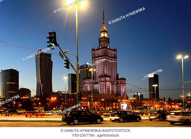 Crossing of Marszalkowska street and Aleje Jerozolimskie, Palace of Culture and Science in background, Warsaw, Poland