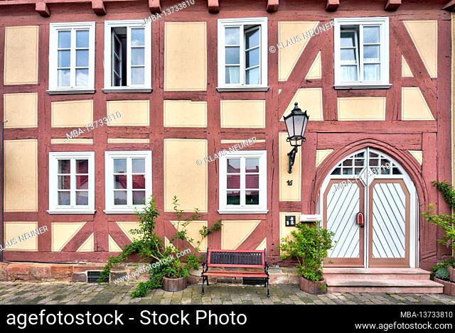 Half-timbered house, front door, window, half-timbered, house facade, summer, Rotenburg an der Fulda, Hesssen, Germany, Europe