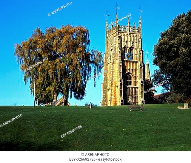 Abbey clock tower and Evesham parish church spire, Evesham, Worcestershire, England, UK, Western Europe