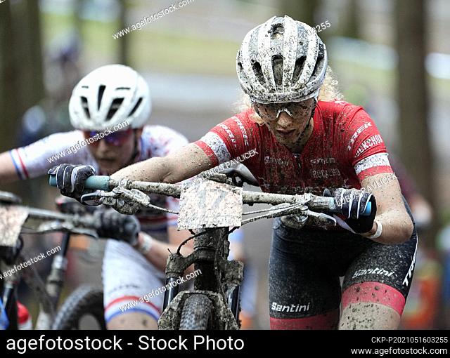 Jolanda Neff (Switzerland) competes in the Cross-country Mountain Bike World Cup event, women elite, in Nove Mesto na Morave, Czech Republic, on May 16, 2021