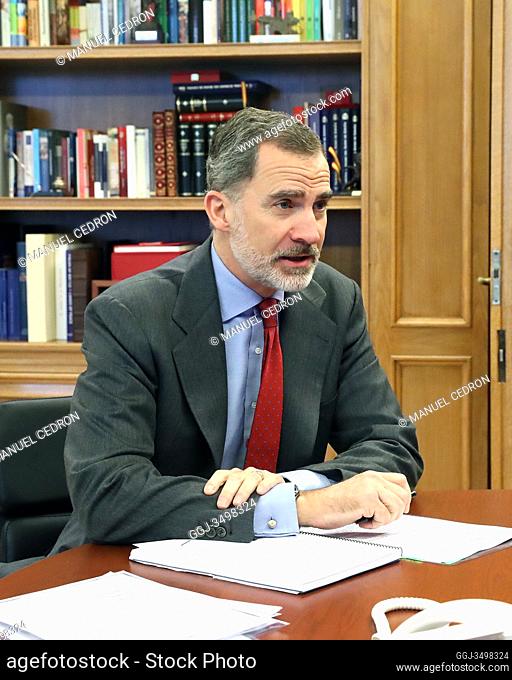 King Felipe VI of Spain attends videoconference with Javier Taberna, President of the Navarra Chamber of Commerce at Zarzuela Palace on March 31, 2020 in Madrid