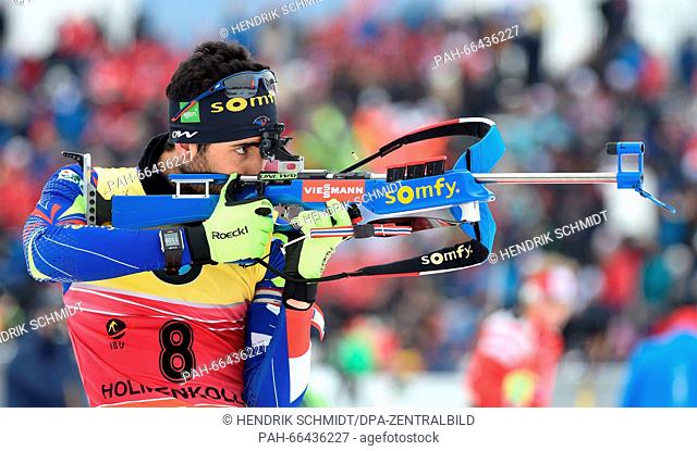 Martin Fourcade of France at the shooting range during the zeroing prior the men's 10 km sprint competition at the Biathlon World Championships
