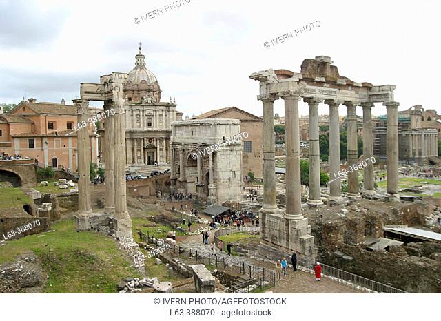 The Forum, Settimo Severo arch, Concordia temple and Saturno's temple. Rome. Lazio. Italy