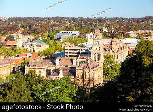 The view from the Lookout Tower in Rosalind Park over Bendigo Town hall on a clear Spring evening
