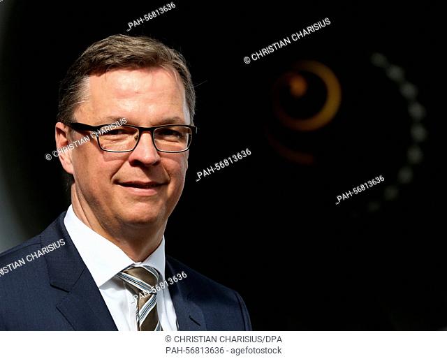 The chairman of Lufthansa Technik AG, Johannes Bussmann, stands during the balance press conference of the company in front of an aircraft engine of the Airbus...