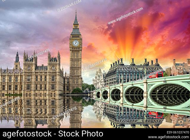 London. Beautiful view of Westminster Bridge and Houses of Parliament with Thames river