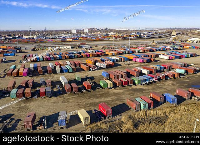Detroit, Michigan - Shipping containers waiting to be transferred between trucks and trains at a Norfolk Southern Intermodal Terminal