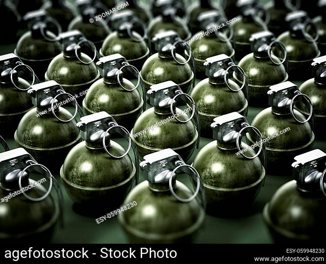 Hand grenades standing on dark background. 3D illustration