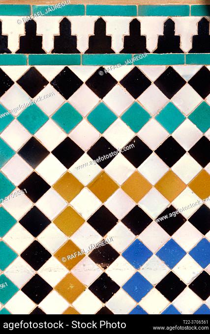 Granada (Spain). Architectural detail of the tiles on the façade of the Cuarto Dorado of the Palacio de Comares inside the Nasrid Palaces of the Alhambra in...