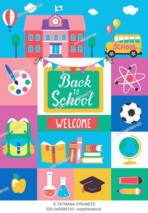 Welcome Back To School With different Flat Icons. Education Concept. Perfect for banners, flyers, posters, cards. Vector Illustration