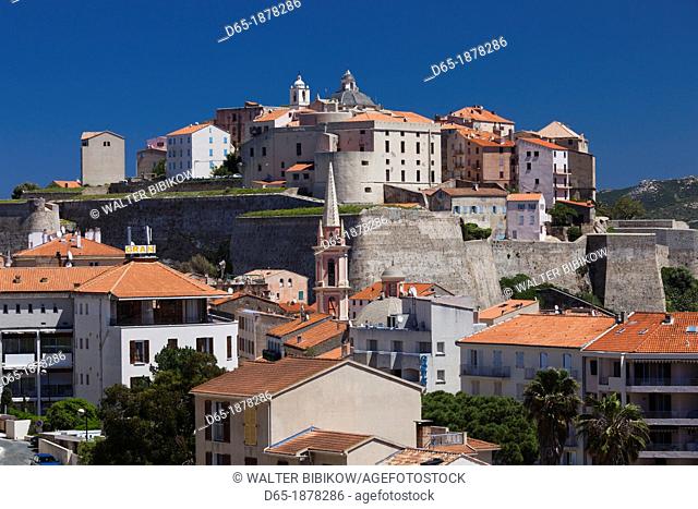 France, Corsica, Haute-Corse Department, La Balagne Region, Calvi, elevated view city and Citadel, morning
