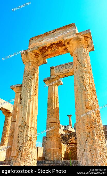 Columns of Temple of Aphaea in Aegina Island, Saronic Islands, Greece - Architectural detail