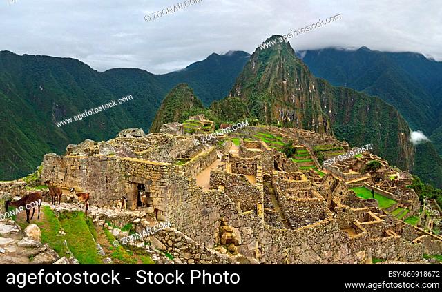 Mysterious Machu Picchu in Peru, South America. Inca citadel with Huayna Picchu at the background. UNESCO World Heritage Site