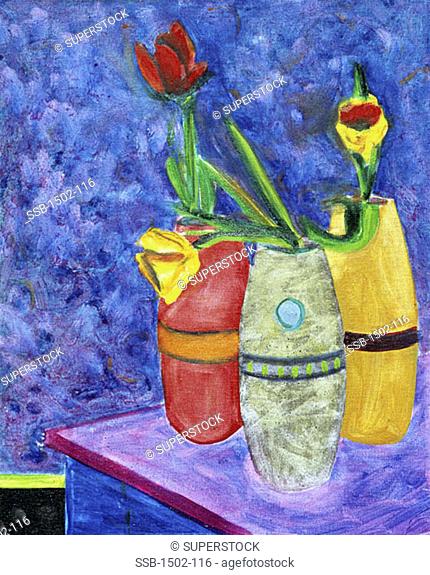 Three Flowers with Vases 1998 Jeremy Hauser (20th C. American) Oil on canvasboard Private Collection