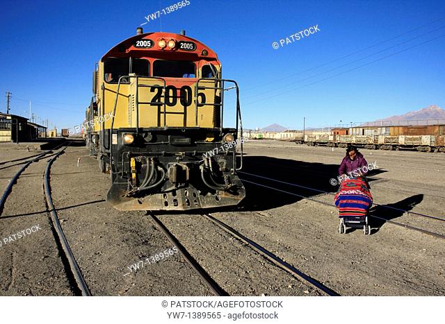 A FCAB Ferrocarril de Antofagasta a Bolivia locomtive on Ollague railway station, Antofagasta region, Chile