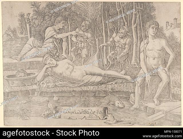 The metamorphosis of Amymone who lies in the centre leaning on her arm surrounded by Apollo at left, Neptune at right and two satyrs