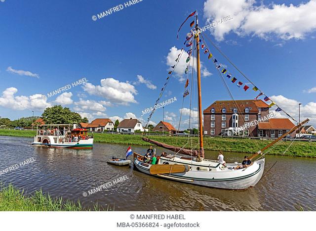 Wattensail, traditional ship gathering, paddlesteamer Concordia II, historical sailing ship on the Harle in the direction of museum harbour of Carolinensiel