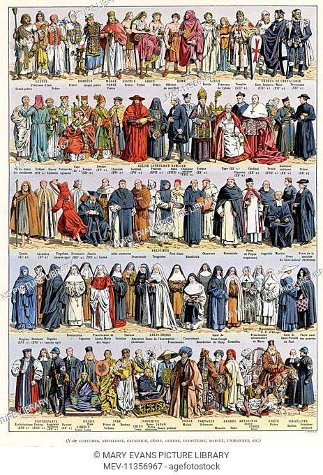 Page from Larousse Encyclopedia charting the variety of costumes worn by religious orders through the centuries