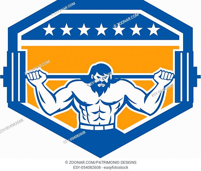 Illustration of a bodybuilder with beard lifting barbell viewed from the front set inside shield crest with stars on isolated background done in retro style