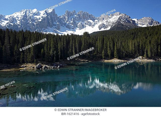 Karersee lake, Lago di Carezza, Latemar mountain, Dolomites, South Tyrol, Italy, Europe