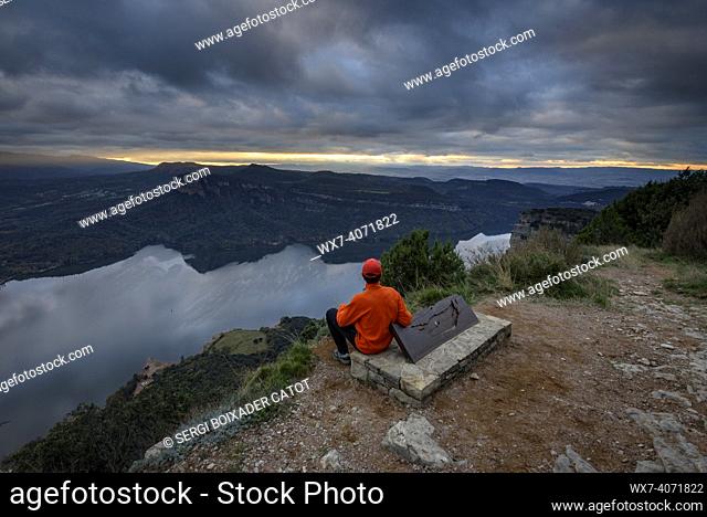 Sunset from the viewpoint of the Sau reservoir, seen from Pla del Castell, on the Tavertet cliffs (Barcelona province, Catalonia, Spain)