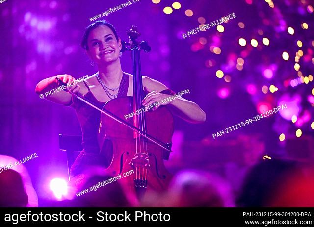14 December 2023, Saxony, Leipzig: German cellist Raphaela Gromes performs on stage during the 29th José Carreras Gala in Leipzig