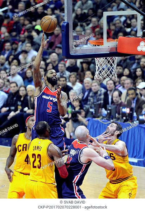Washington Wizards forward Markieff Morris goes up for a dunk during an NBA basketball game against the Cleveland Cavaliers in Washington, USA, February 6, 2017