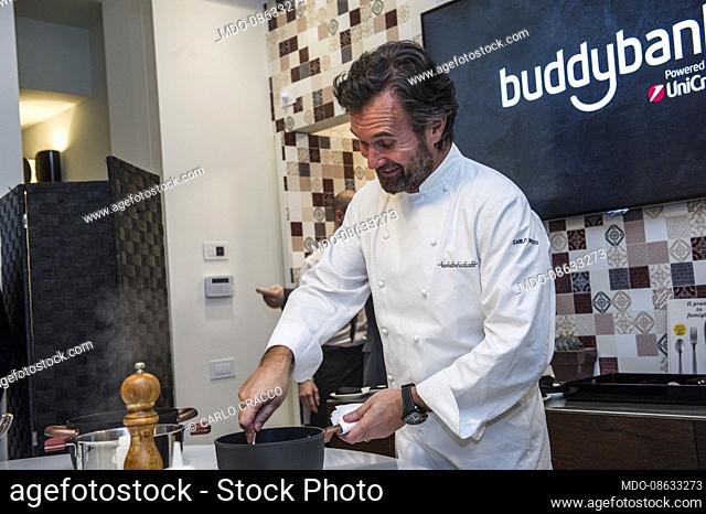 Italian chef Carlo Cracco attends the inaugural launch of Unicredit's Buddybank, the first digital and conversational bank, only for iPhone