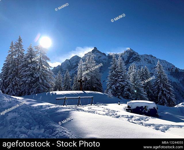 Serlesbahnen ski area, Koppeneck mountain station, winter landscape, snow-covered trees, tracks in snow, blue sky, sunshine, mountains, Alps, Serles, Mieders