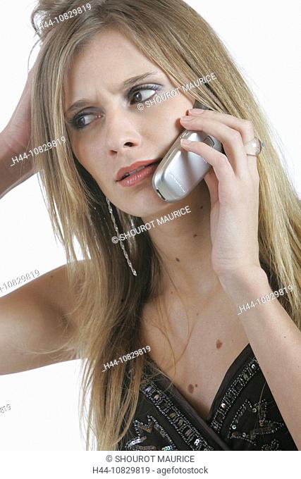 woman, young, dress, elegant, mobile phones, mobile phone, mobile phone, phone, Calling up, phoning, portrait, studio