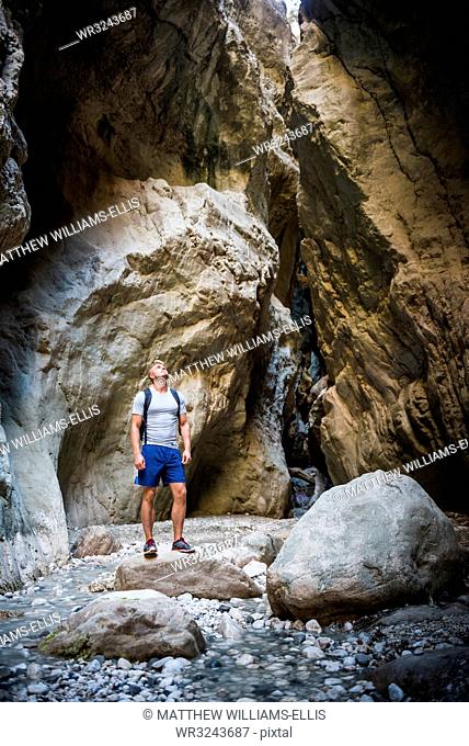 Tourist hiking in Saklikent Gorge, Saklikent National Park, Fethiye Province, Lycia, Anatolia, Turkey, Asia Minor, Eurasia