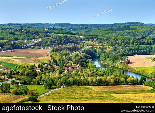 View of valley of Dordogne river from Domme rock, France