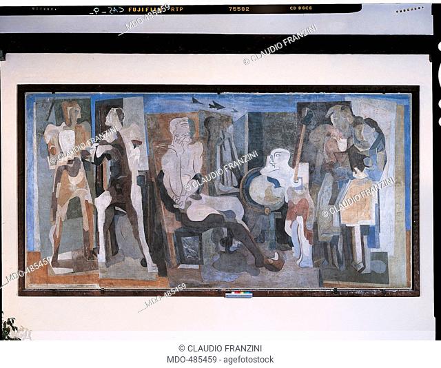 The School, by Mario De Luigi, 1936, 20th Century, fresco, cm 260 x 515. Italy, Veneto, Venice, C Foscari, Baratto Room. All