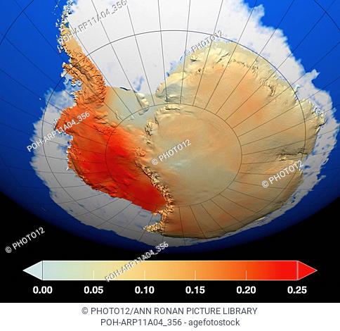 Red represents areas where temperatures have increased the most during the last 50 years, particularly in West Antarctica