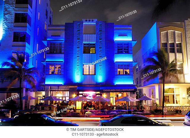 Park Central Hotel at night, South Beach, Ocean Drive, Miami, Florida, USA