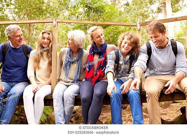 Family group sitting on a small bridge in a forest