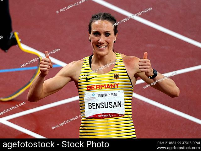 31 August 2021, Japan, Tokio: Paralympics: Athletics, women's 200 metres, final, T64, at the Olympic Stadium. Irmgard Bensusan from Germany celebrates her...