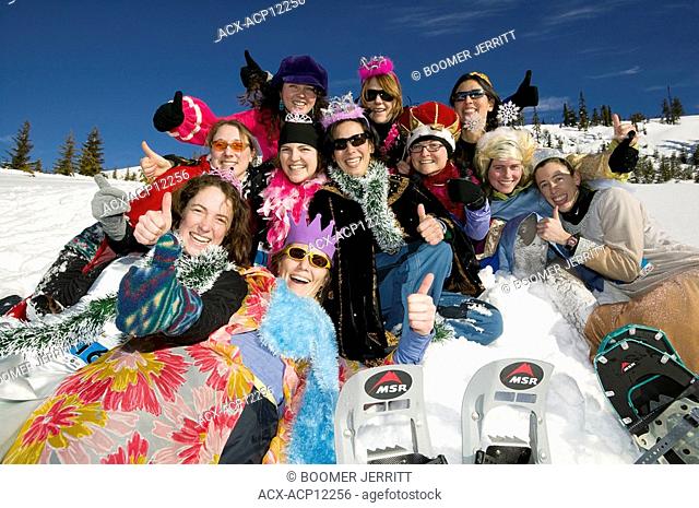 'Snow Queens' at the Yeti Snowshoe race held up at Mt. Washington, Courtenay, Vancouver Island, British Columbia, Canada