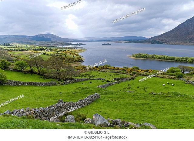 Republic of Ireland, Connemara, Connacht Province, Galway County, Lough Corrib and Inchagoill island from the secondary road 336 in Connemara National Park